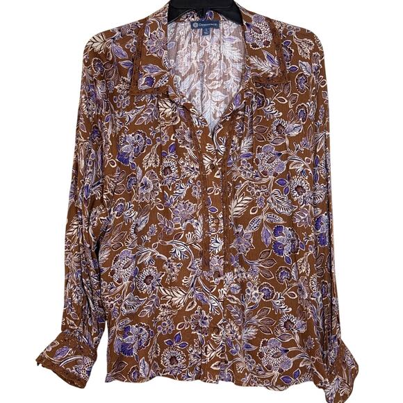 NWT Democracy Large Top Long Sleeve Button Up Brown Cream Purple Floral Lace - Picture 1 of 7